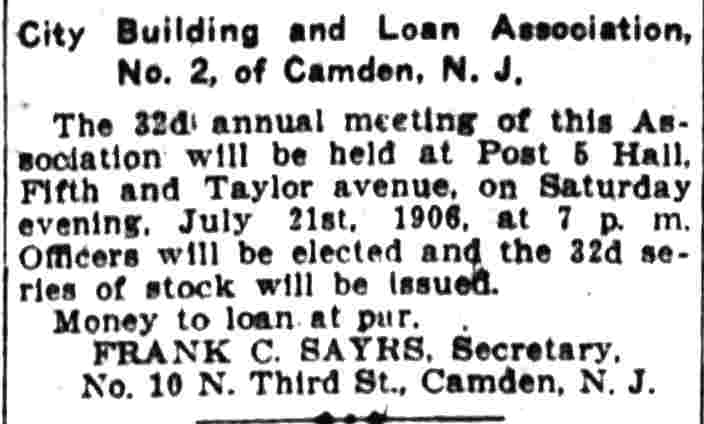 City Building and Loan Association, No. 2, of Camden, N. J., Camden Post-Telegram, July 12, 1906