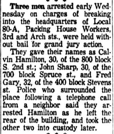 Three men arrested at Local 80-A, Packing House Workers, Camden Courier-Post, September 20, 1957