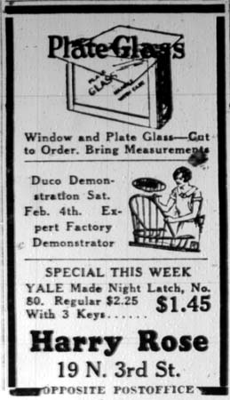 Harry Rose Plate Glass Advertisement, Camden Courier-Post, January 27, 1928
