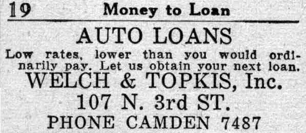 Welch  Topkis, Inc. Auto Loans Advertisement, Camden Courier-Post, February 14, 1938