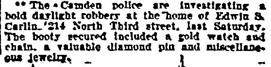 Burglary at Edwin S. Carlins Home, Philadelphia Inquirer, August 9, 1904