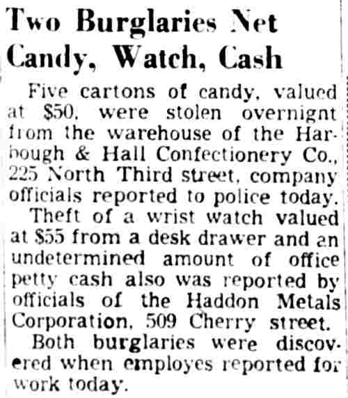 Two Burglaries Net Candy, Watch, Cash, Camden Courier-Post, November 17, 1949
