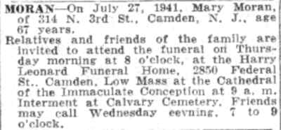Moran Funeral Notice, Camden Courier-Post, July 30, 1941