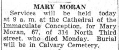 Mary Moran Services Notice, Camden Courier-Post, July 31, 1941
