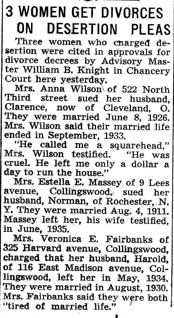 3 Women Get Divorces on Desertion Pleas, Camden Courier-Post, February 22, 1938