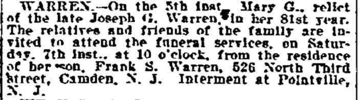 Mary G. Warren Death Notice, Philadelphia Inquirer, January 5, 1899