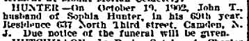 John T. Hunter Death Notice, Philadelphia Inquirer, October 19, 1902