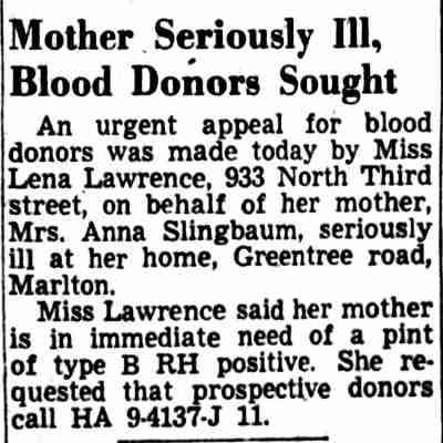 Mother Seriously Ill, Blood Donors Sought, Camden Courier-Post, December 19, 1949
