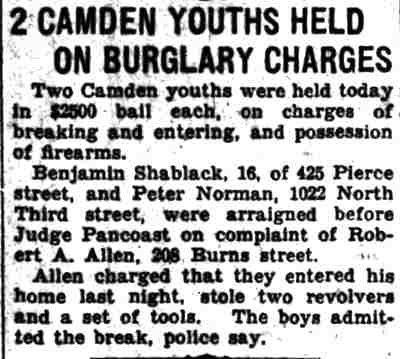 Newspaper clipping: 2 Camden Youths Held on Burglary Charges, Camden Courier-Post, November 8, 1929