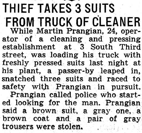 Thief Takes 3 Suits From Truck of Cleaner, Camden Courier-Post, February 26, 1938