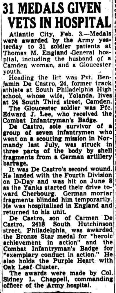 31 Medals Given Vets in Hospital, Camden Courier-Post, February 3, 1945