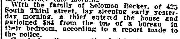 Thief Takes $84 From Becker Home, Philadelphia Inquirer, June 7, 1915