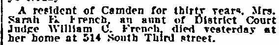 Mrs. Sarah E. French Dies, Philadelphia Inquirer, January 16, 1906