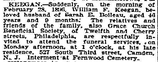 William F. Keegan Death Notice, Philadelphia Inquirer, March 1, 1896