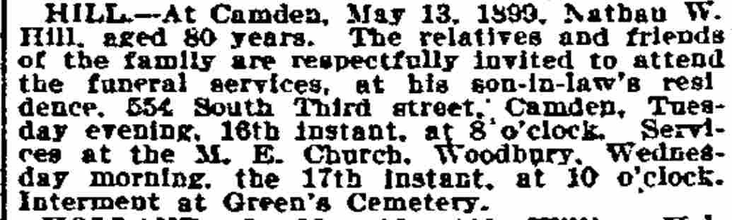 Nathan W. Hill Death Notice, Philadelphia Inquirer, May 17, 1899