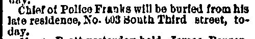 Chief of Police Franks Funeral Notice, Philadelphia Inquirer, January 6, 1887
