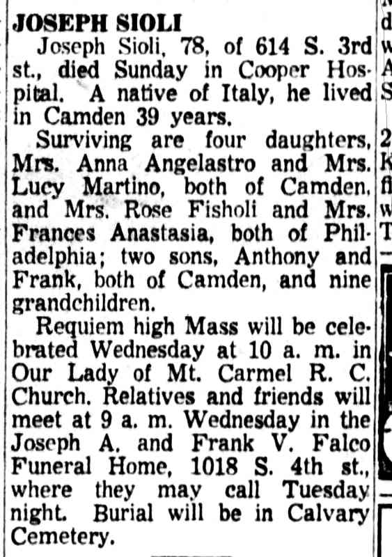 Joseph Sioli, Camden Courier-Post, May 14, 1956