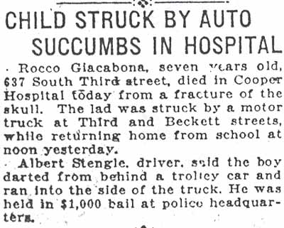 Child Struck by Auto Succumbs in Hospital, Camden Post-Telegram, January 18, 1922