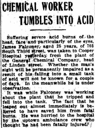 Chemical Worker Tumbles Into Acid, Camden Post-Telegram, July 12, 1915