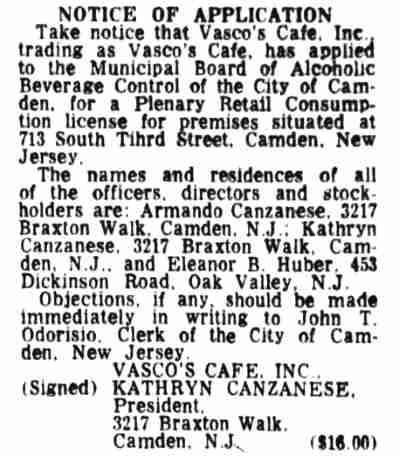 Notice of Application — Vasco's Cafe liquor license, Camden Courier-Post, June 11, 1966