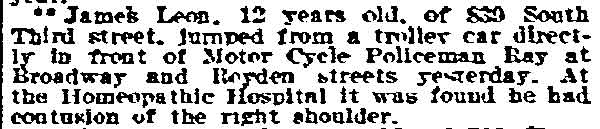 Item on James Leon jumping from a trolley car, Philadelphia Inquirer, September 12, 1910