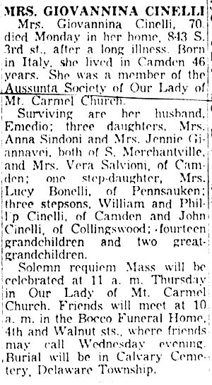 Mrs. Giovannina Cinelli, Camden Courier-Post, December 31, 1957