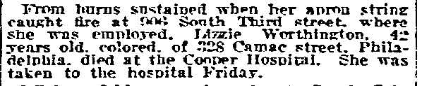 Lizzie Worthington Burned to Death, Philadelphia Inquirer, April 15, 1918