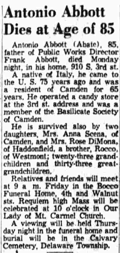 Antonio Abbott Dies at Age of 85, Camden Courier-Post, April 22, 1959