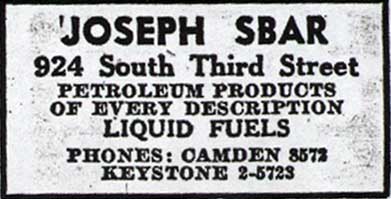 Joseph Sbar Petroleum Products Advertisement, Camden Courier-Post, October 1, 1936