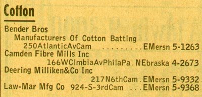 Bender Brothers Inc., Cotton Batting, 250 Atlantic Avenue, 1955 New Jersey Bell Telephone Yellow Pages Ad