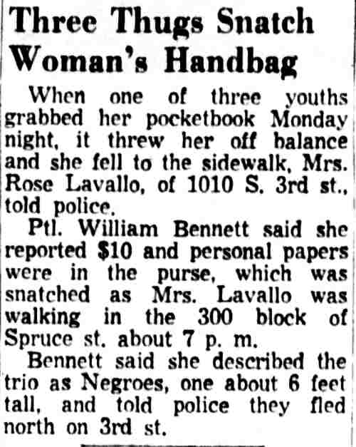 Three Thugs Snatch Womans Handbag, Camden Courier-Post, December 11, 1956