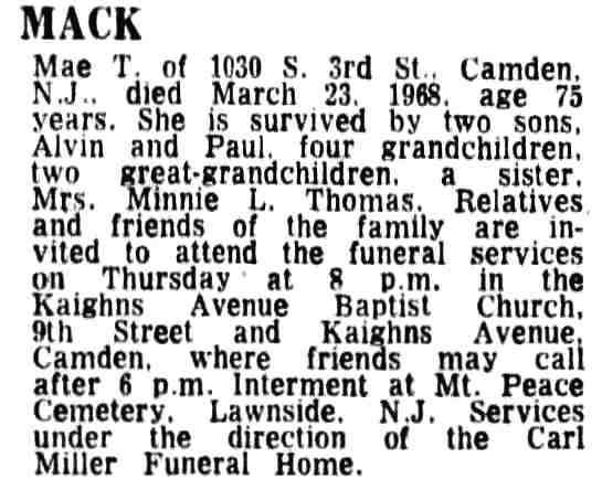 Mae T. Mack Death Notice, Camden Courier-Post, March 26, 1968