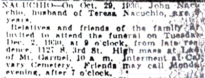John Nacuchio Death Notice, Camden Courier-Post, December 1, 1930