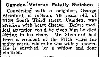 Camden Veteran Fatally Stricken, Philadelphia Inquirer, April 5, 1912