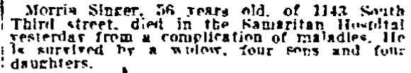 Morris Singer Dies, Philadelphia Inquirer, February 9, 1918