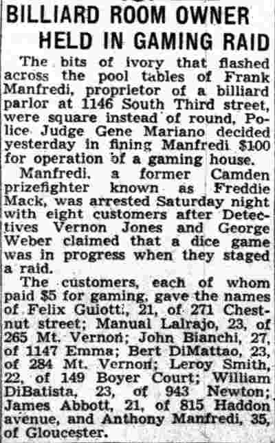 Billiard Room Owner Held in Gaming Raid — Camden Courier-Post, October 15, 1940, mentioning Leroy Smith of 149 Boyer Court
