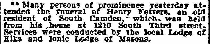 Funeral of Henry Fetters, Philadelphia Inquirer, ''