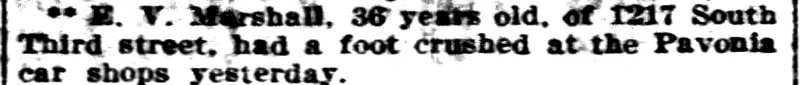 Foot Crushed at Pavonia Car Shops, Philadelphia Inquirer, March 24, 1906