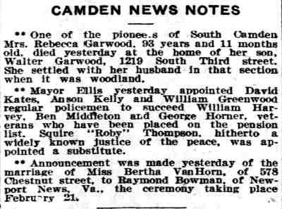 Camden News Notes, Philadelphia Inquirer, February 29, 1912