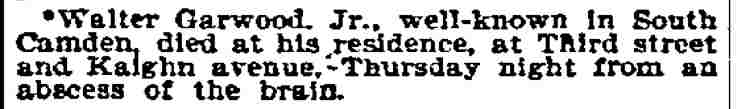 Walter Garwood Jr. Dies, Philadelphia Inquirer, December 19, 1897
