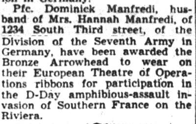 Pfc. Dominick Manfredi awarded Bronze Arrowhead, Camden Courier-Post, August 31, 1945