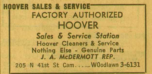 Ace Vacuum Cleaner Service, 205 North 41st Street — New Jersey Bell Yellow Pages, 1955
