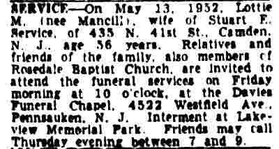 Stuart E. Service & Family, 435 North 41st Street — Death notice, Camden Courier-Post, May 14, 1952