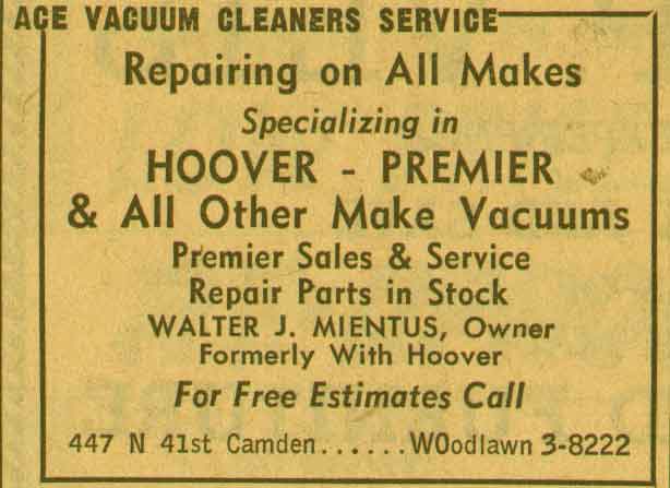 Ace Vacuum Cleaner Service, 447 North 41st Street — New Jersey Bell Yellow Pages, 1955