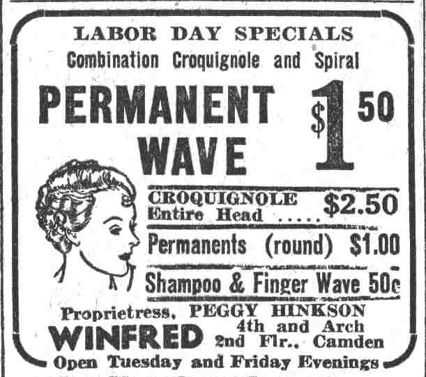 Winfred (Peggy Hinkson, Proprietress) advertisement