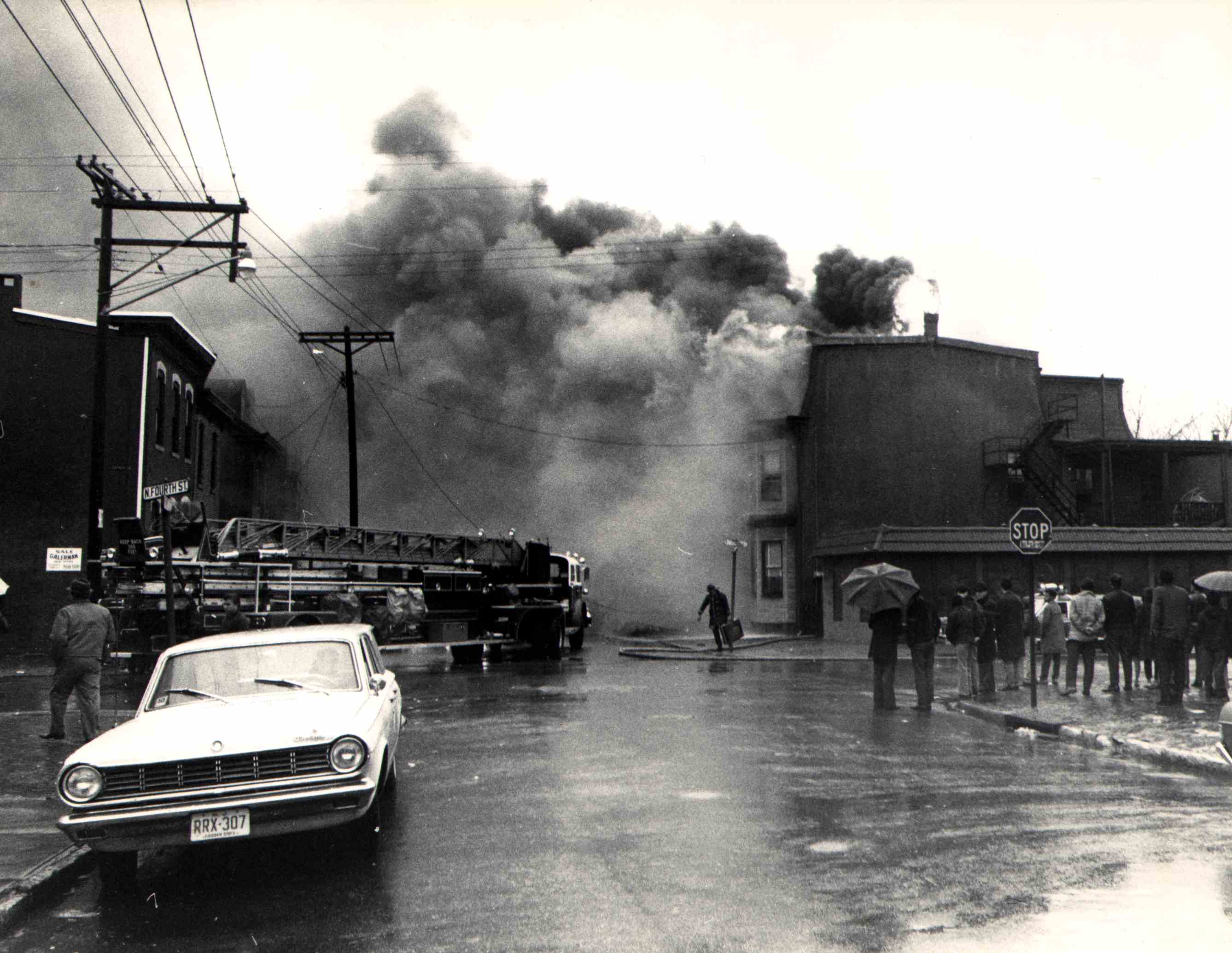 Ladder Company 1 at fire at North 4th Street and Vine Street, March 22, 1970 — photo 1