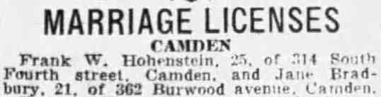Marriage license notice for Frank W. Hohenstein and Jane Bradbury of 362 Burwood Avenue, Camden Courier-Post, February 26, 1936