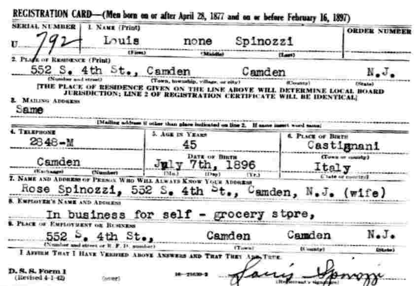 Louis Spinozzi draft registration card, 1942