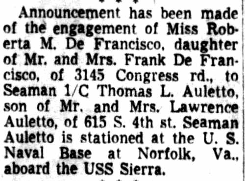 De Francisco-Auletto engagement announcement — Camden Courier-Post, December 22, 1952