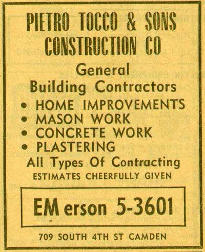 Pietro Tocco  Sons Construction Co. advertisement